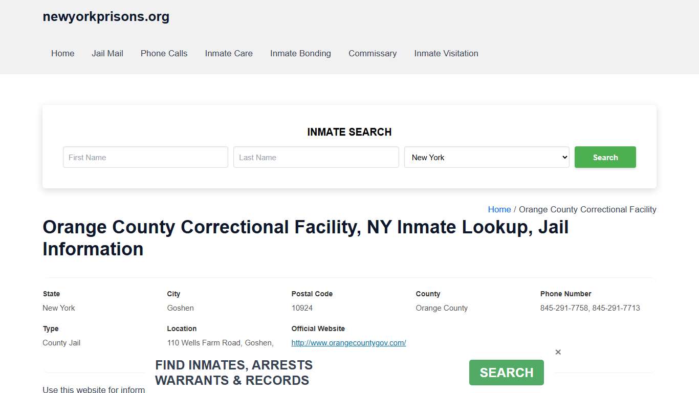 Orange County Correctional Facility, NY - Offender Locator, Contacts, Inmate Info